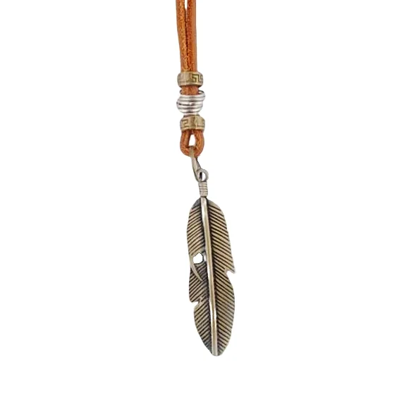 Classy Men Bronze Leather Feather Pendant Necklace