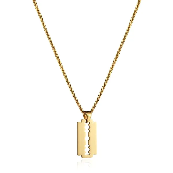 Classy Men Gold Razor Blade Pendant Necklace