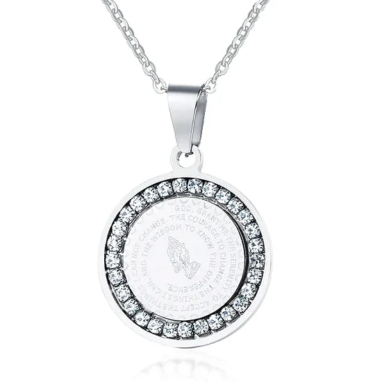 Classy Men Silver CZ Serenity Prayer Pendant Necklace