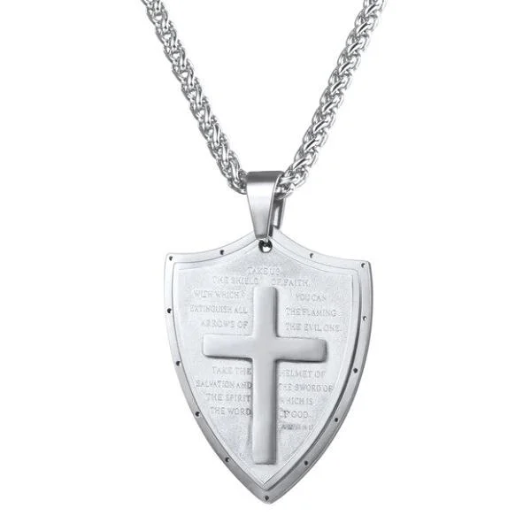 Classy Men Silver Shield Of Faith Pendant Necklace