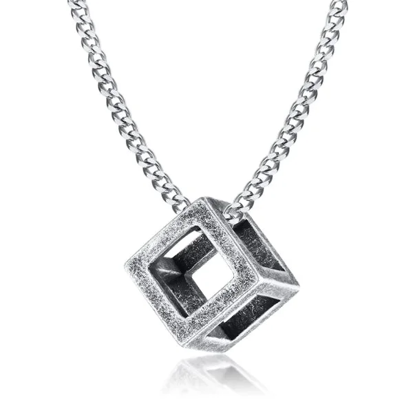 Classy Men Worn Silver Square Cube Pendant Necklace