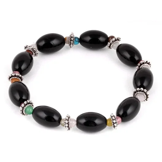 10x14mm Melon 4mm Pewter Black Gem Stone Bracelet