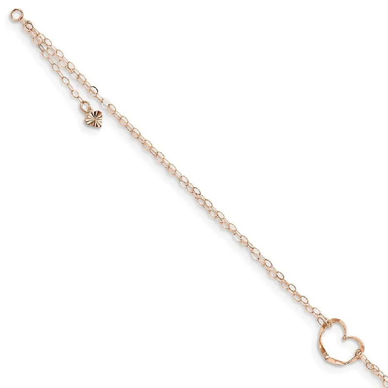 14k Rose Gold Double Strand Heart Anklet, 9" w/1in Extender