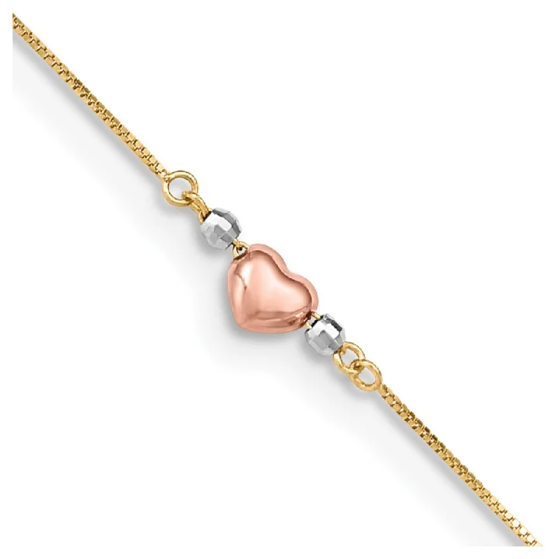 14k Tri-Color Puffed Heart Anklet, 10" w/1in Extender