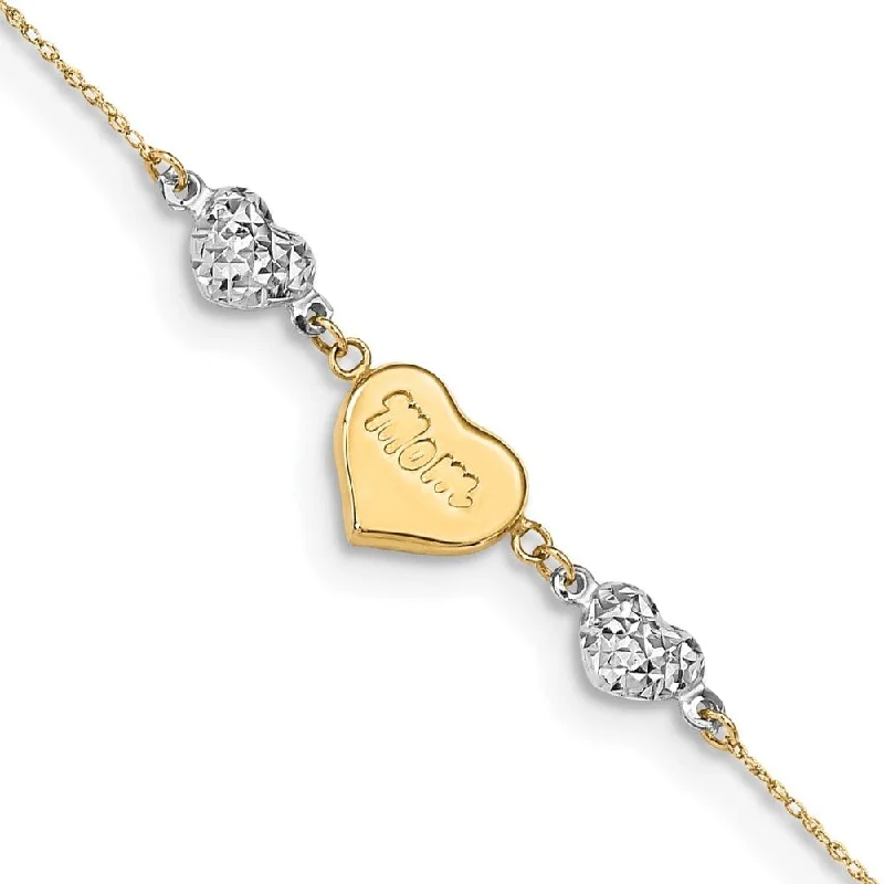 14k Two-tone Diamond-cut Puffed Hearts MOM Anklet, 10" w/1in Extender