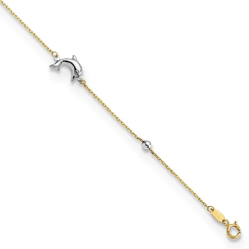 14k Two-tone Dolphin Anklet, 9" w/1in Extender