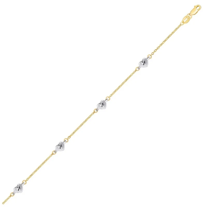 14k Two Tone Gold Anklet with Diamond Cut Heart Style Stations