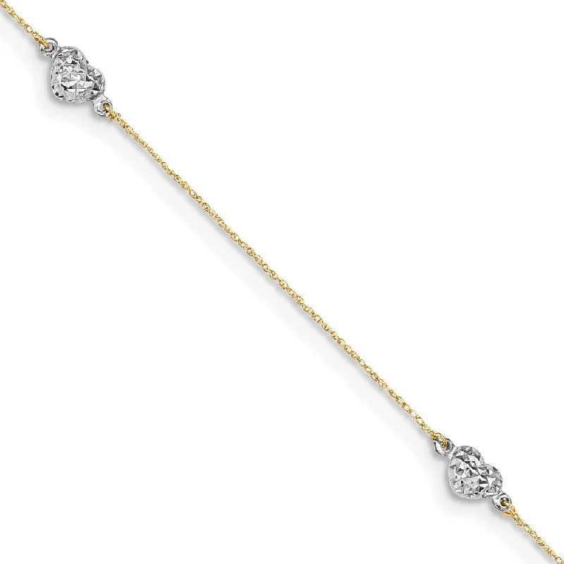 14k Two-tone Puff Heart Anklet, 10" w/1in Extender