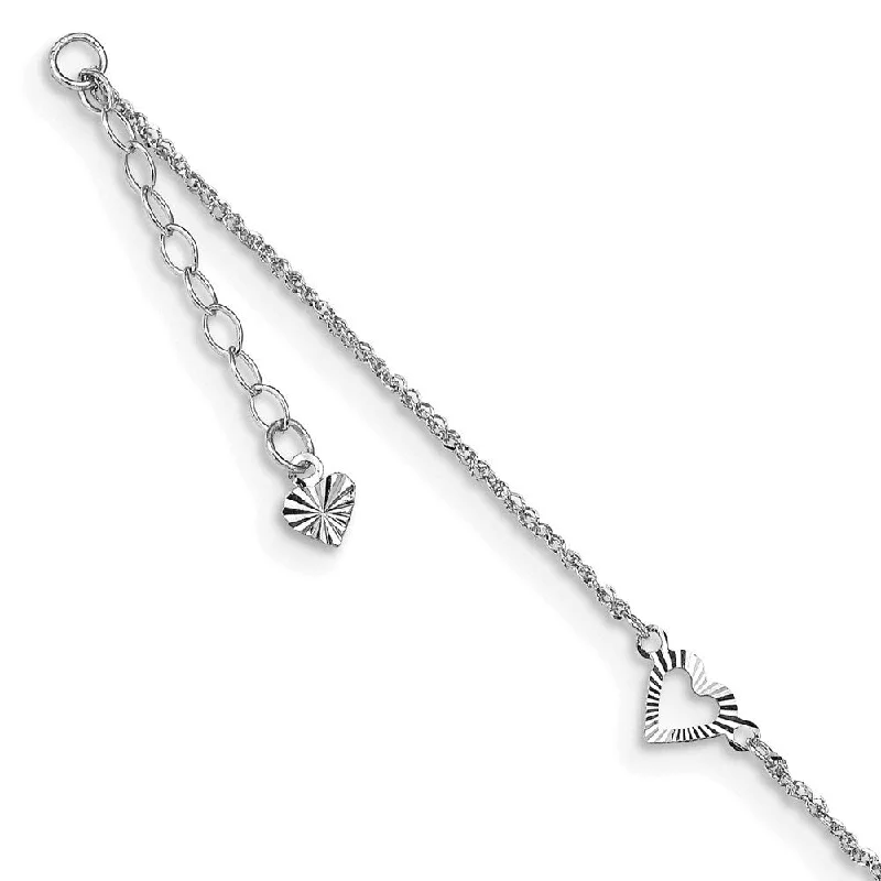 14k White Gold Diamond-cut Hearts Anklet, 9" w/1in Extender