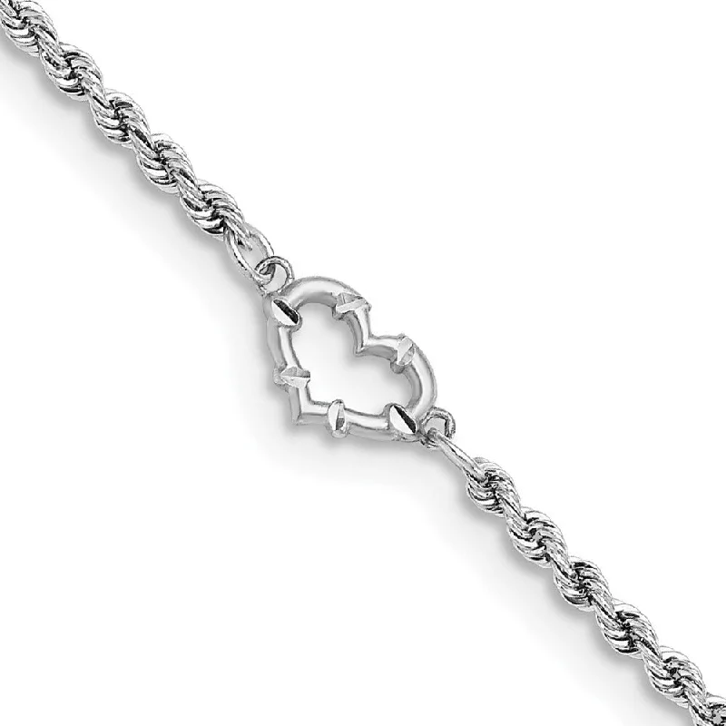 14k White Gold Diamond-cut Rope with Heart Anklet, 9"