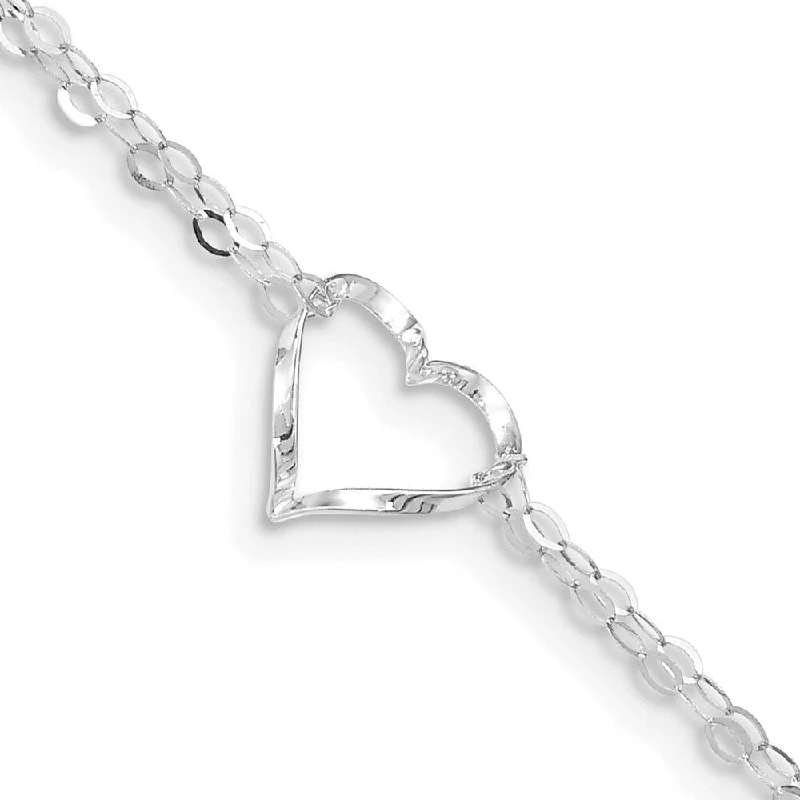 14k White Gold Double Strand Heart Anklet, 10" w/1in Extender