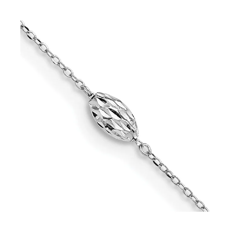 14k White Gold Puffed Rice Bead Anklet, 10" w/1in Extender