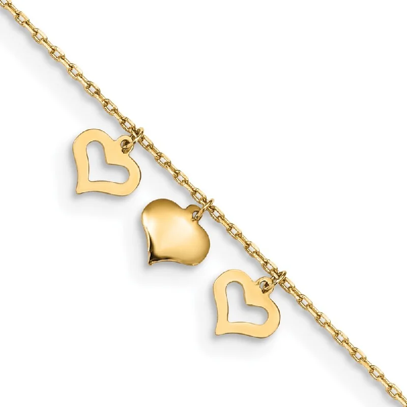 14k Yellow Gold 3 Hearts Anklet, 10" w/1in Extender