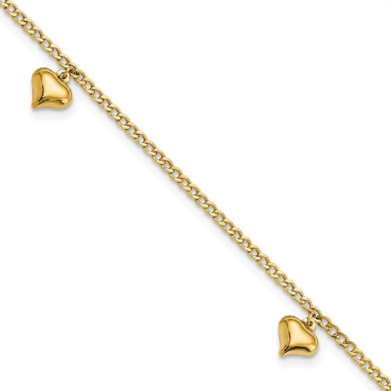 14k Yellow Gold 3 Puffed Heart Anklet, 9" w/1in Extender