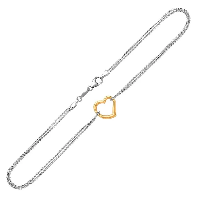 14k Yellow Gold and Sterling Silver Anklet with a Single Open Heart Station