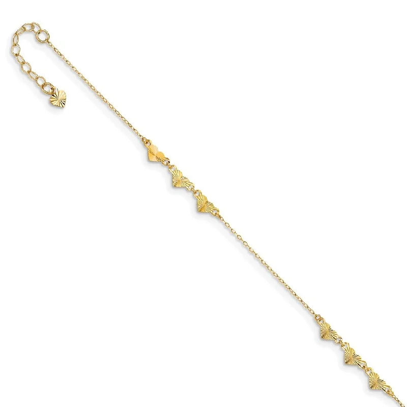 14k Yellow Gold Diamond-cut Hearts Anklet, 9" w/1in Extender