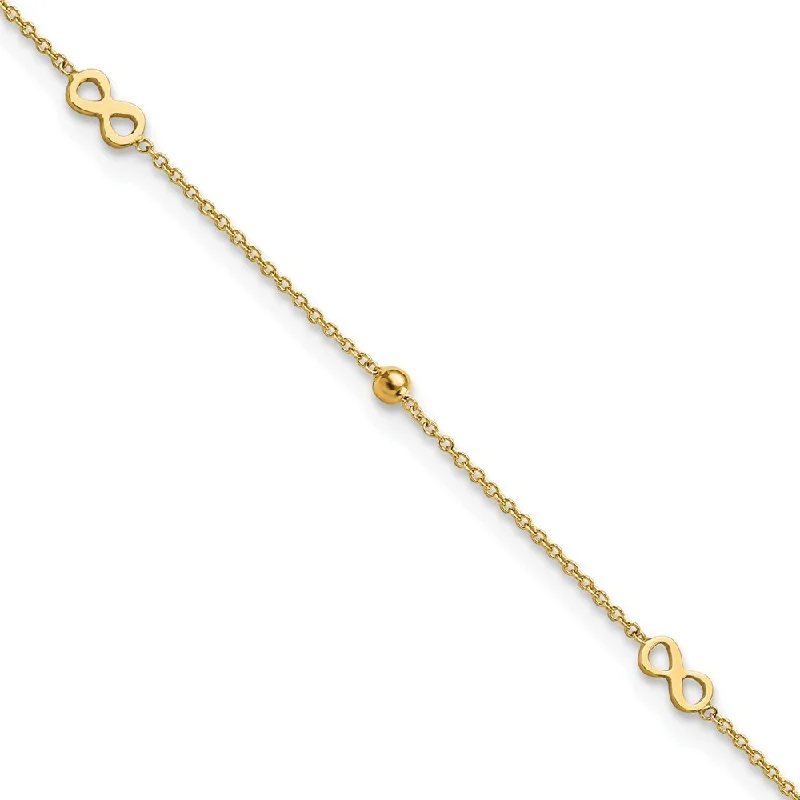 14k Yellow Gold Infinity Anklet, 9" w/1in Extender