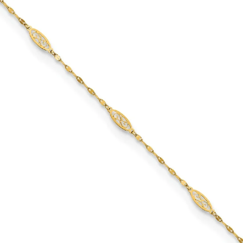 14k Yellow Gold Polished Fancy Filigree Link Yellow Gold Anklet, 9" w/1in Extender