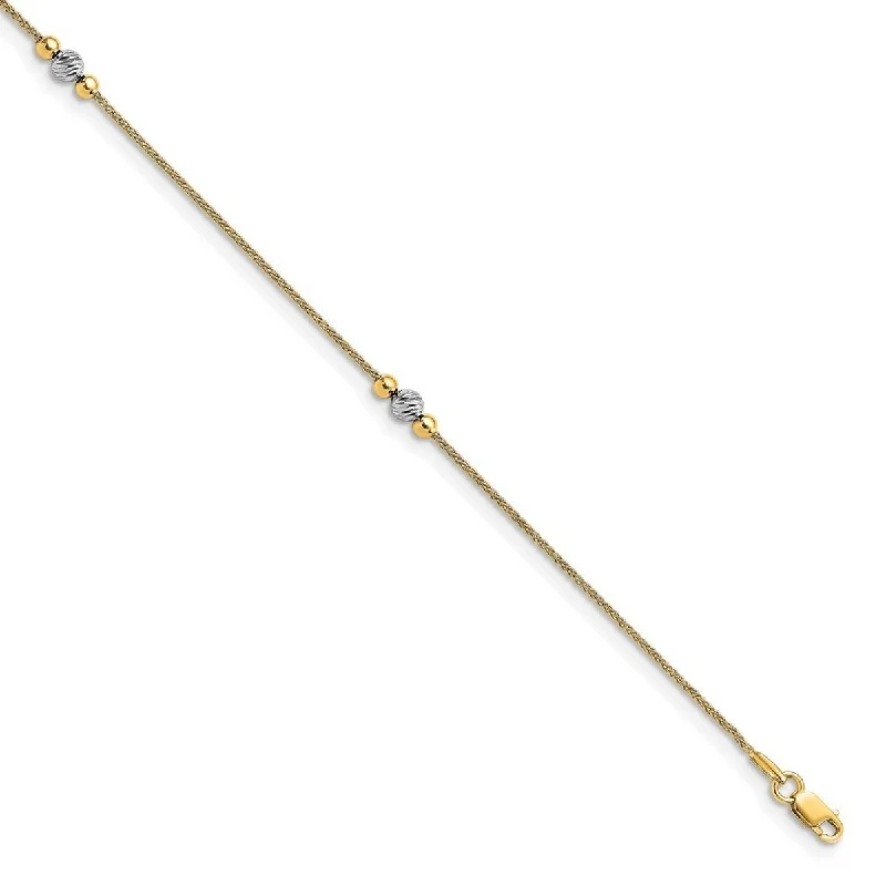 Curata 14k Two tone Gold 10+1" Textured Bead Station Anklet (Lobster-claw)