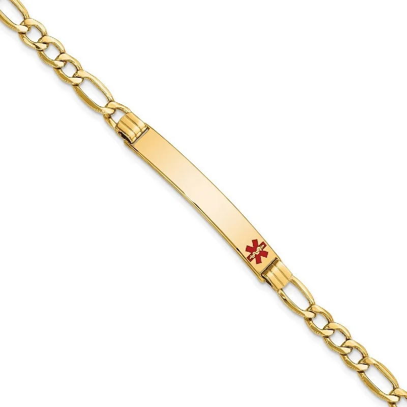 Curata 14k Yellow Gold 6.5mm Engravable Medical Red Enamel Figaro ID Bracelet