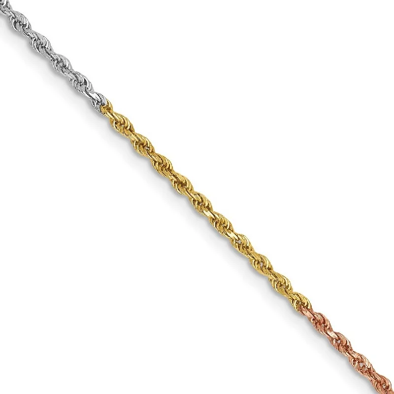 Curata Women's 14k Tri-Color Gold 1.5mm Diamond-Cut Rope Chain Anklet - 10 Inch