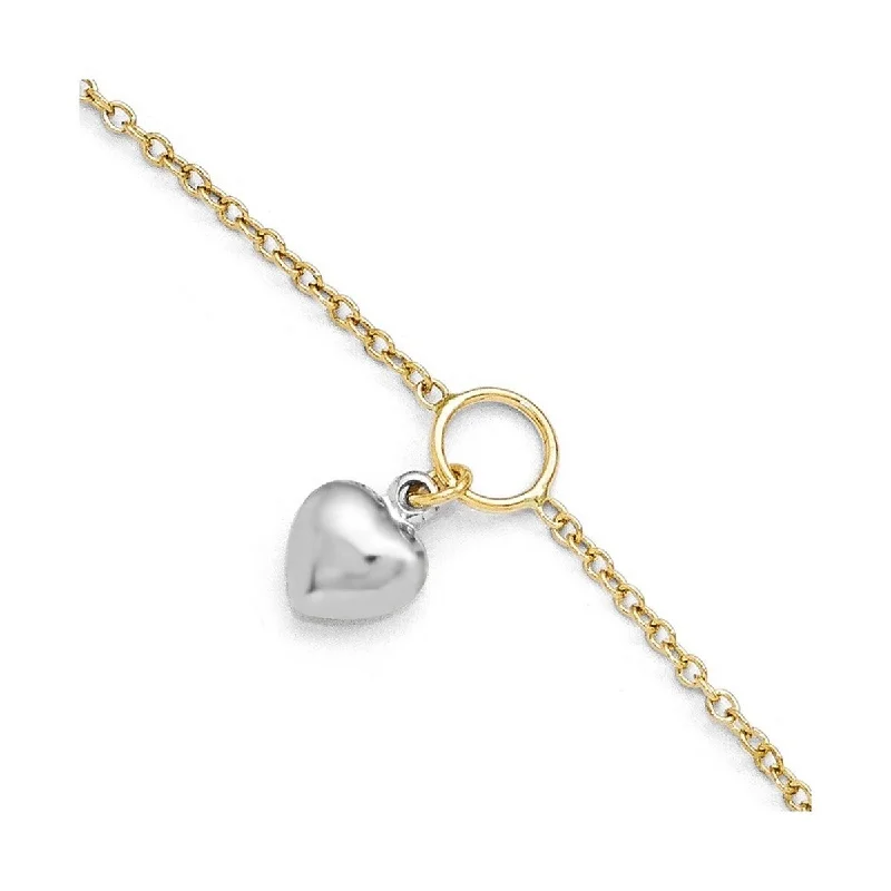 Curata Women's Italian 14k Two-Tone Gold Polished Hanging Heart Anklet - 10 Inch