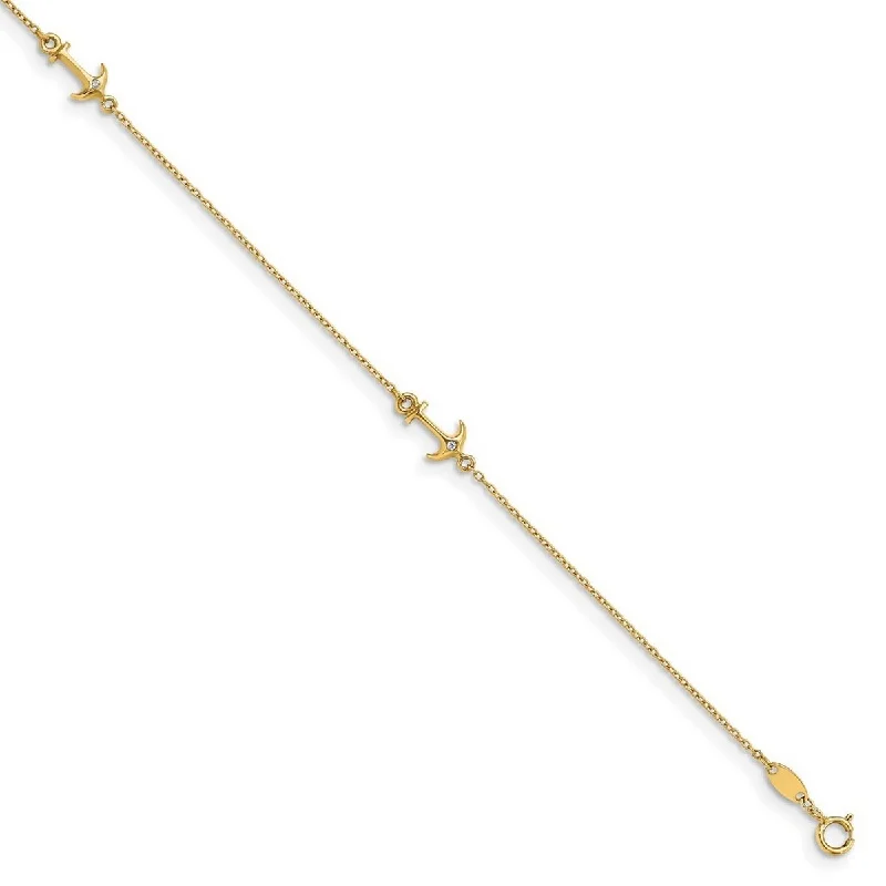 Curata Women's Italian 14k Yellow Gold Cubic Zirconia Polished Anchor Anklet - 9 +1 Inch