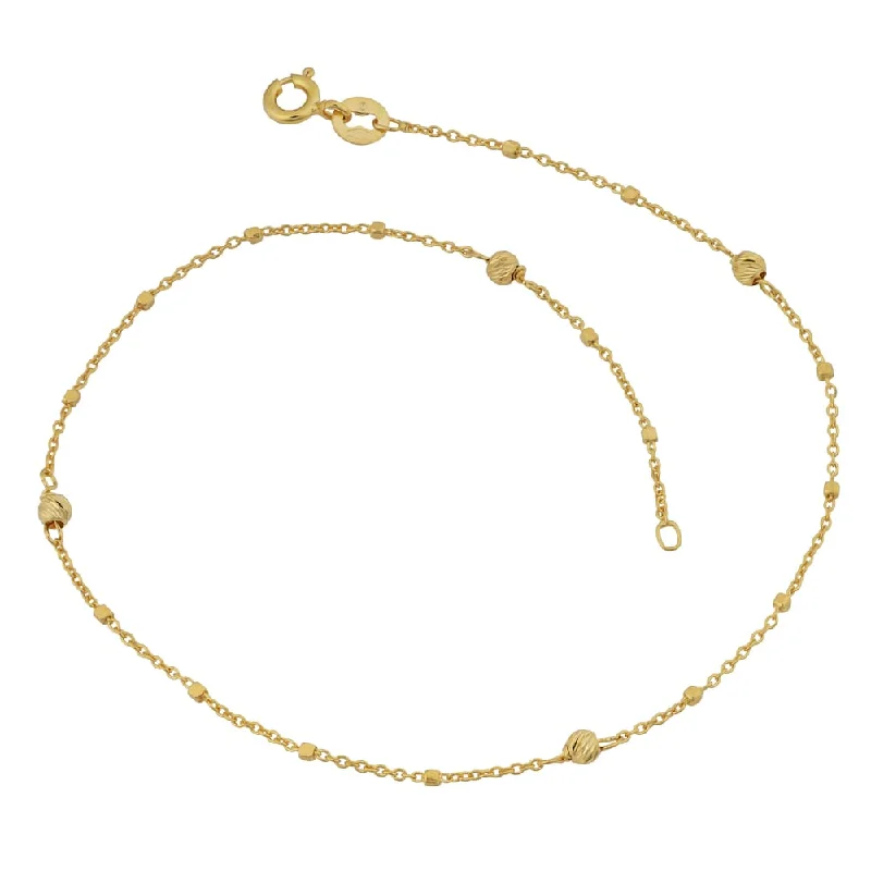 Fremada 14k Yellow Gold Cube and Diamond-cut Bead Station Anklet