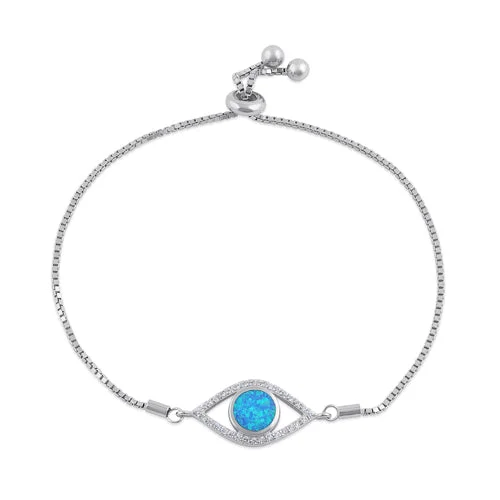 Sterling Silver Clear CZ and Blue Opal Evil Eye Box Bracelet