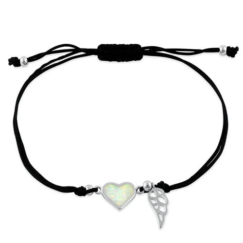 Sterling Silver Winged  White Lab Opal Heart Adjustable Silk Bracelet