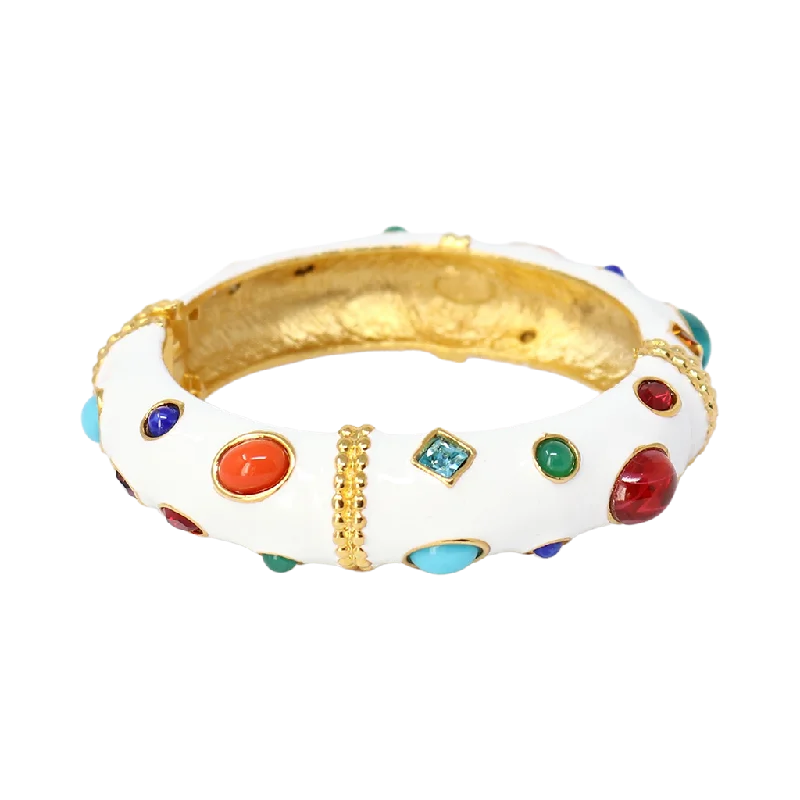 White Enamel/Multi Gemstone Bangle Bracelet