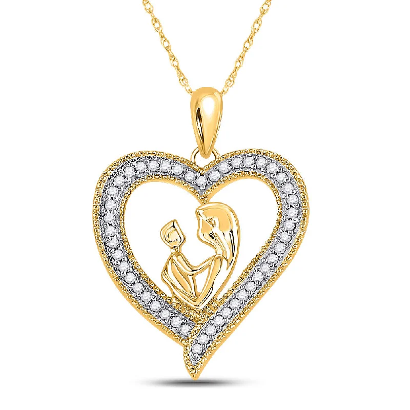 10k Yellow Gold Round Diamond Womens Heart Mother Child Embrace Pendant 1/5 Cttw