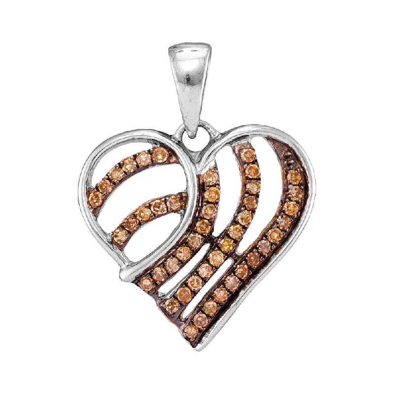 10kt White Gold Womens Round Brown Diamond Striped Heart Pendant 1/4 Cttw