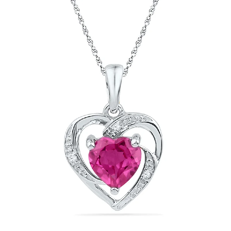 10kt White Gold Womens Round Lab-Created Pink Sapphire Heart Pendant 1 Cttw