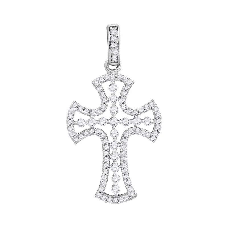 10kt White Gold Womens Round Pave-set Diamond Flared Cross Pendant 1/2 Cttw