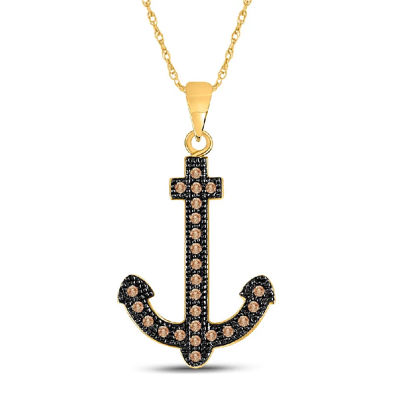 10kt Yellow Gold Round Brown Diamond Anchor Nautical Pendant 1/5 Cttw