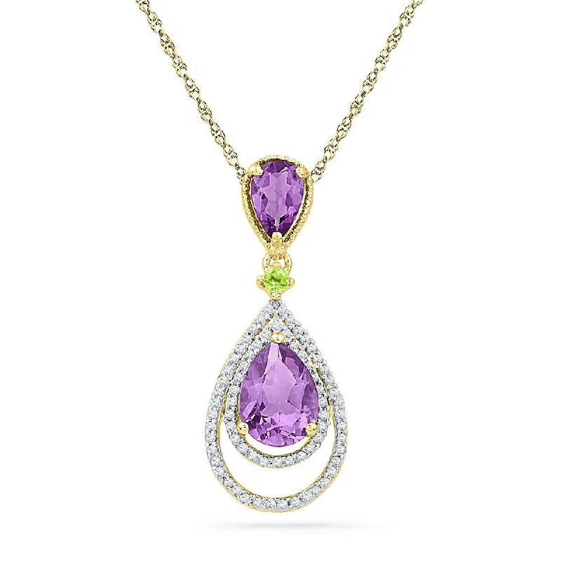 10kt Yellow Gold Womens Oval Lab-Created Amethyst Diamond Teardrop Pendant 1-1/2 Cttw