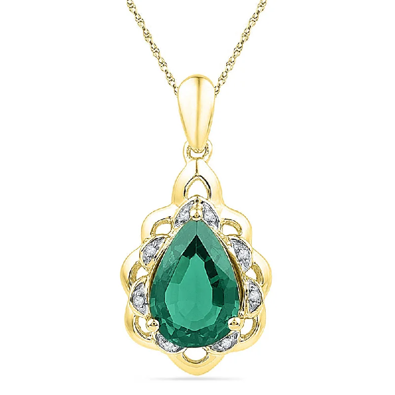 10kt Yellow Gold Womens Pear Lab-Created Emerald Solitaire Diamond Pendant 3-3/8 Cttw