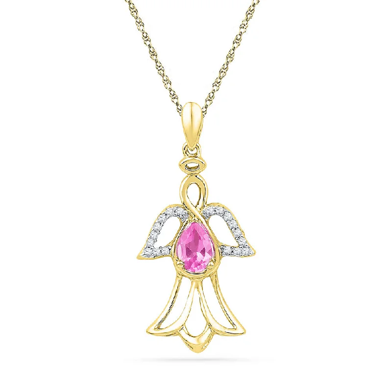 10kt Yellow Gold Womens Pear Lab-Created Pink Sapphire Angel Pendant 5/8 Cttw