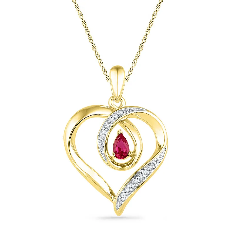 10kt Yellow Gold Womens Pear Lab-Created Ruby Diamond Heart Pendant 1/20 Cttw