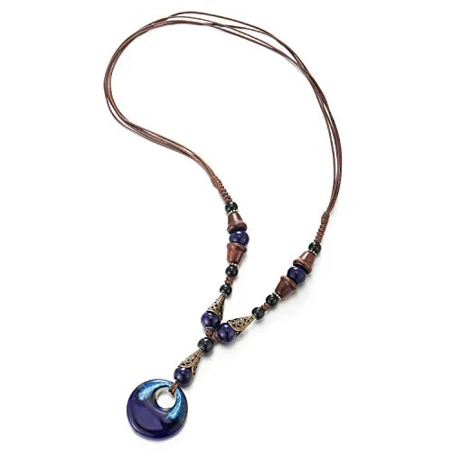 Boho Ethnic Long Necklace Wood Beads Gem Stone String with Dangling Oval Charm