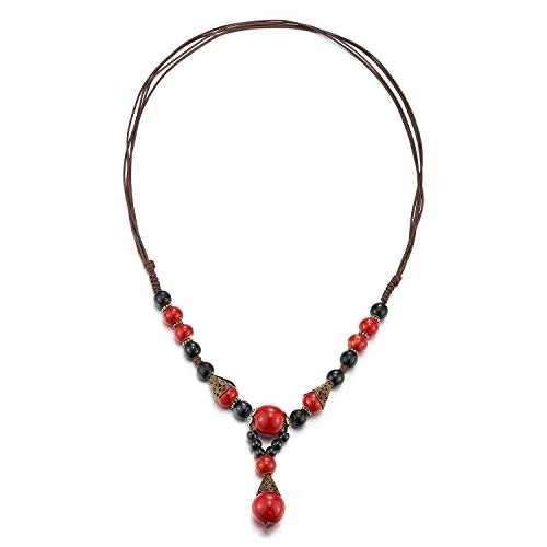 Y-Shape Statement Necklace Black Red Gem Stone Bead Charms Drop Dangle Pendant, Tribal Ethnic Folk