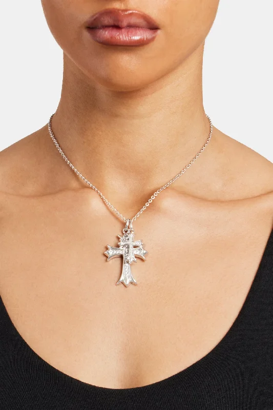 Double Iced Cross Necklace - White - 45mm