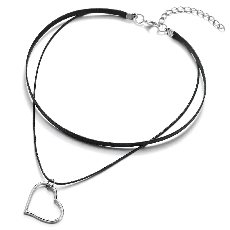 Ladies Womens Two-row Black Choker Necklace with Open Heart Charm Pendant