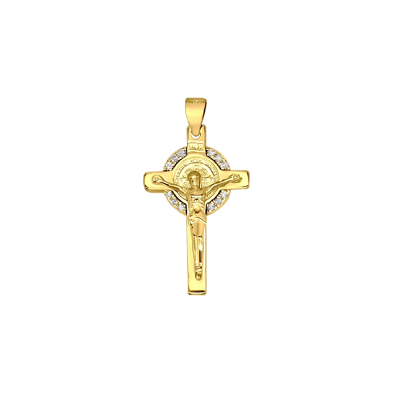 ST BENEDICT CRUCIFIX - GOLDEN SILVER AND ZIRCONIA