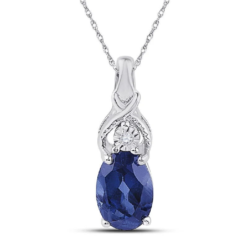 Sterling Silver Womens Oval Lab-Created Blue Sapphire Solitaire Diamond Pendant 7/8 Cttw