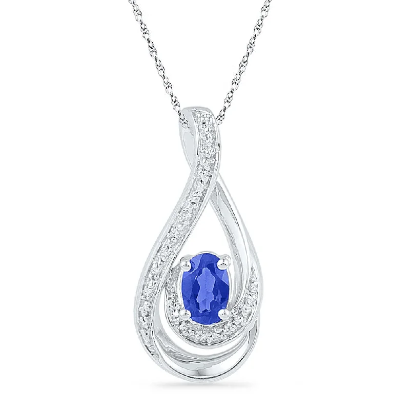 Sterling Silver Womens Oval Lab-Created Blue Sapphire Solitaire Teardrop Pendant 1/2 Cttw