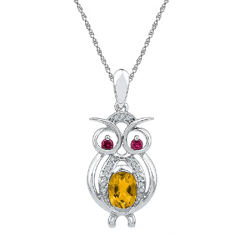 Sterling Silver Womens Oval Lab-Created Citrine Owl Bird Animal Pendant 1 Cttw