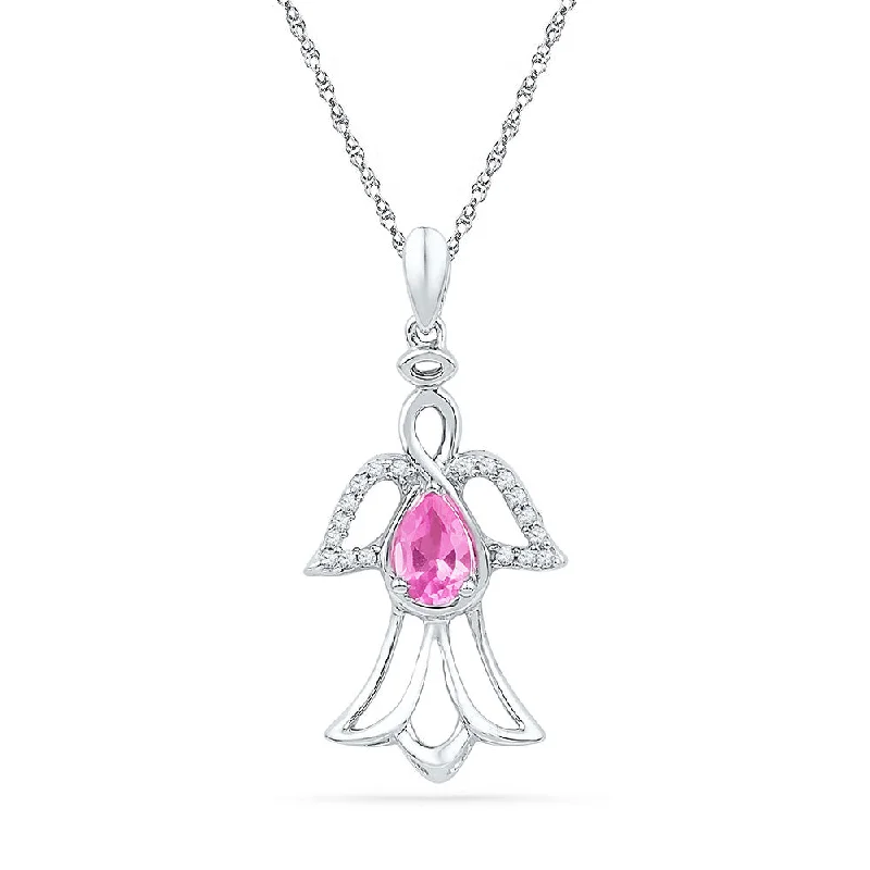 Sterling Silver Womens Oval Lab-Created Pink Sapphire Diamond Angel Pendant 5/8 Cttw