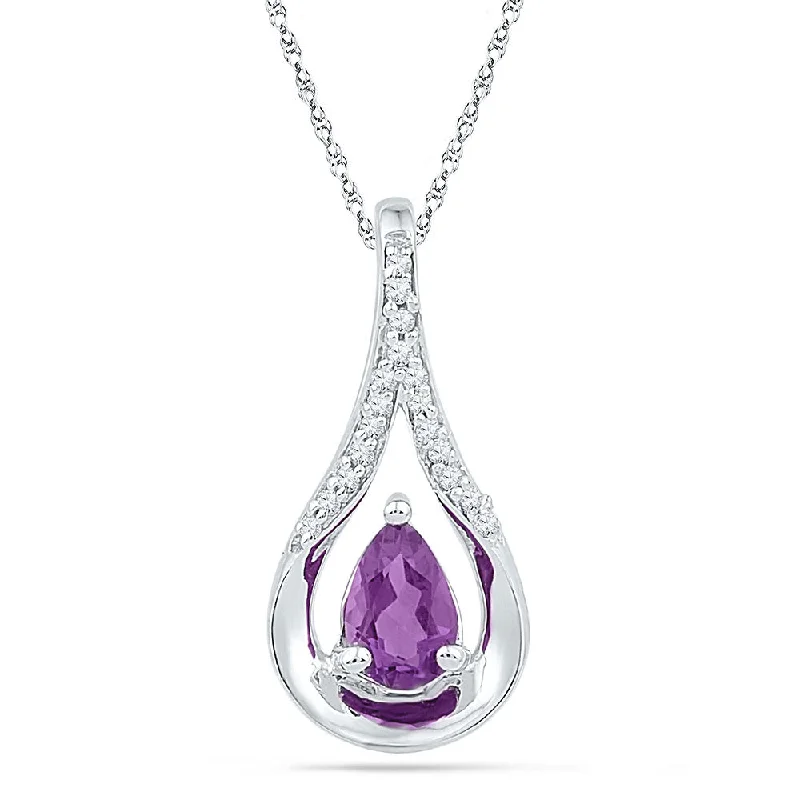 Sterling Silver Womens Pear Lab-Created Amethyst Solitaire Diamond Teardrop Pendant 1/2 Cttw